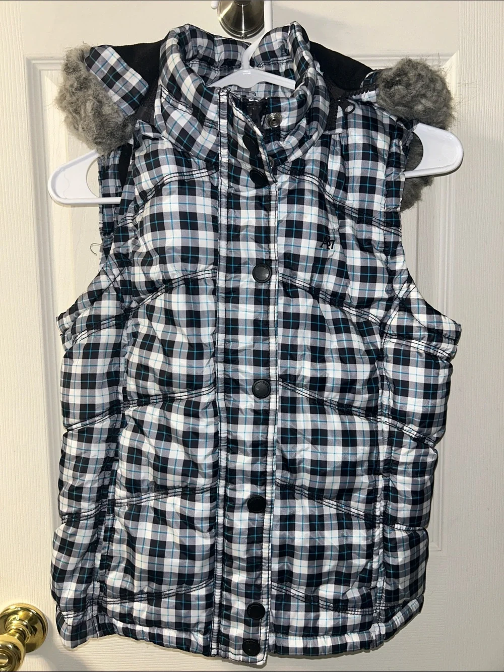 Aeropostale Black, Gray & Teal Plaid Lined Puffer Vest